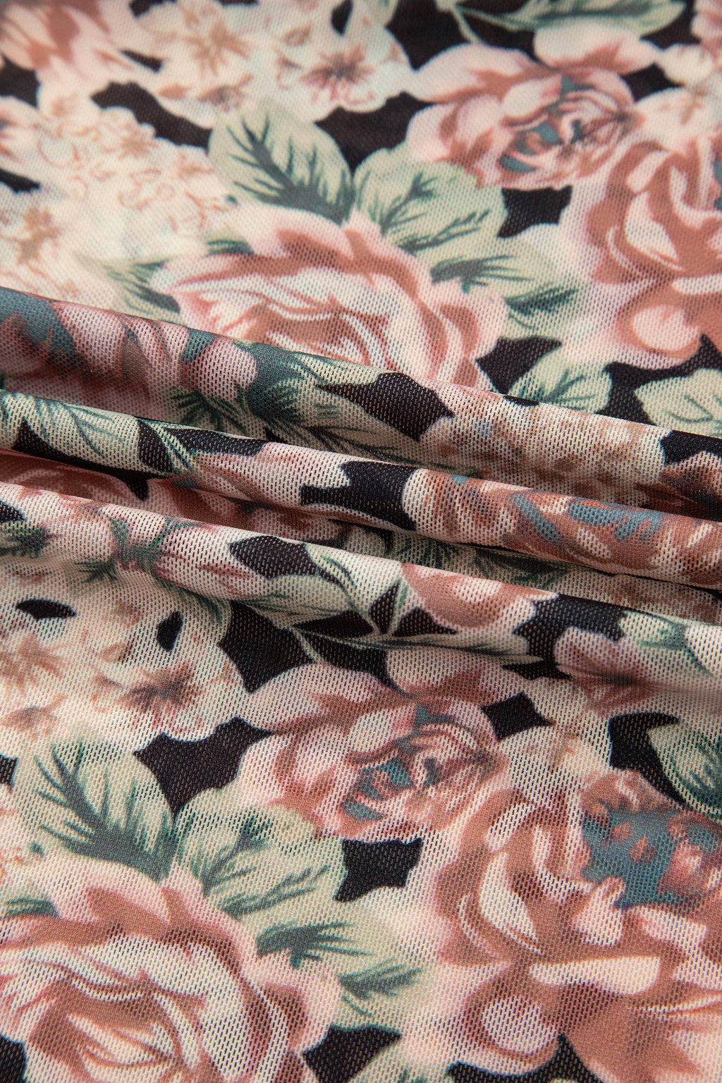 66Retro Floral Print Mesh Mock Neck Top