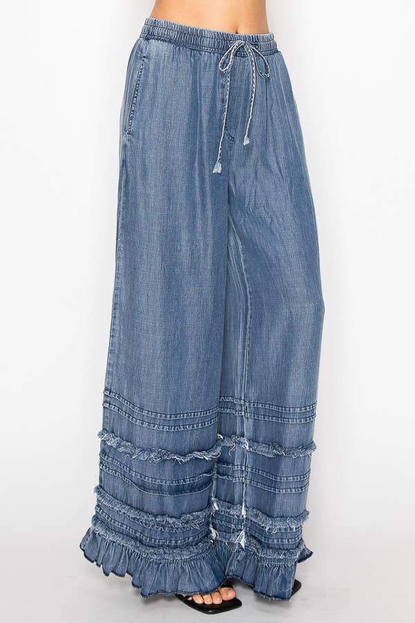 Boho Tiered Chambray Wide Leg Palazzo Pants-OLS-4890SW DENIM