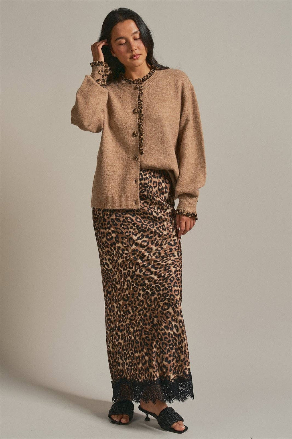 Leopard Print Satin Maxi Skirt with Lace Hem