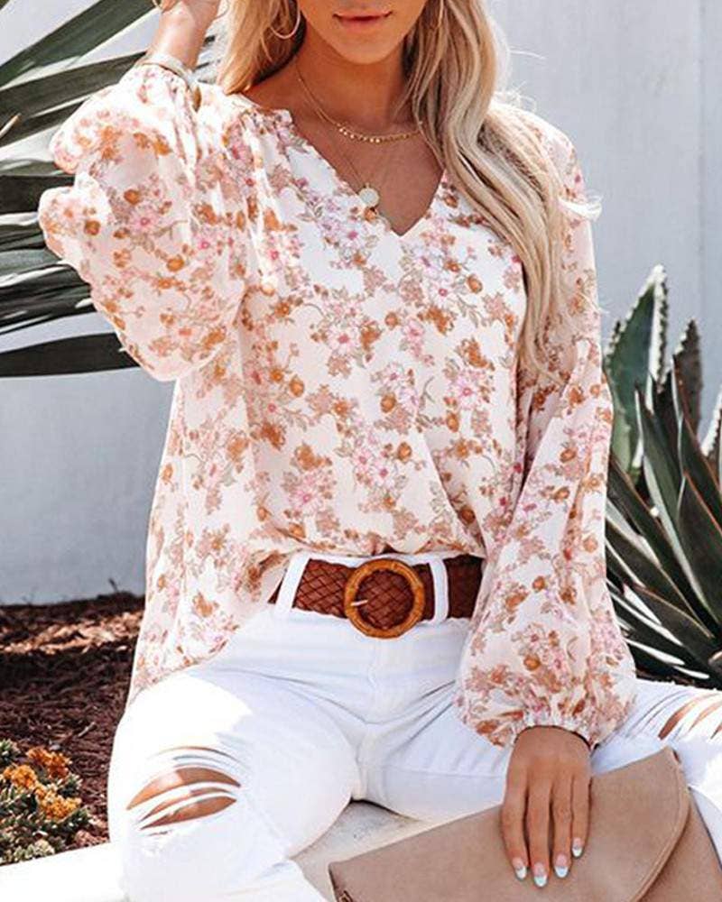 Floral Print V-Neck Balloon Sleeve Blouse Chiffon Top