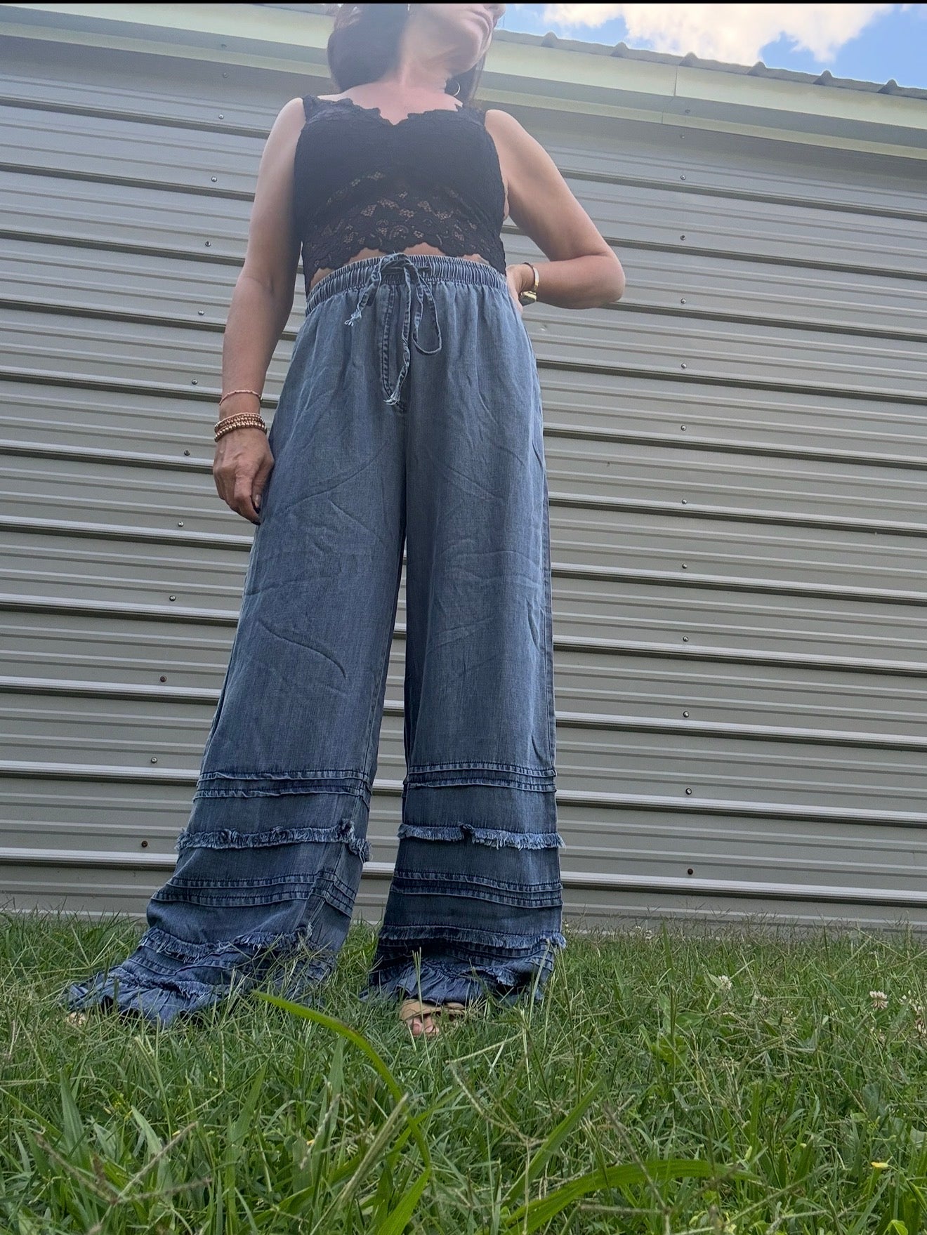 Boho Tiered Chambray Wide Leg Palazzo Pants-OLS-4890SW DENIM