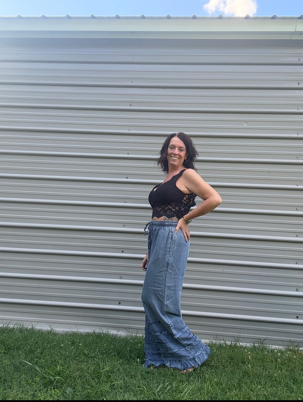 Boho Tiered Chambray Wide Leg Palazzo Pants-OLS-4890SW DENIM
