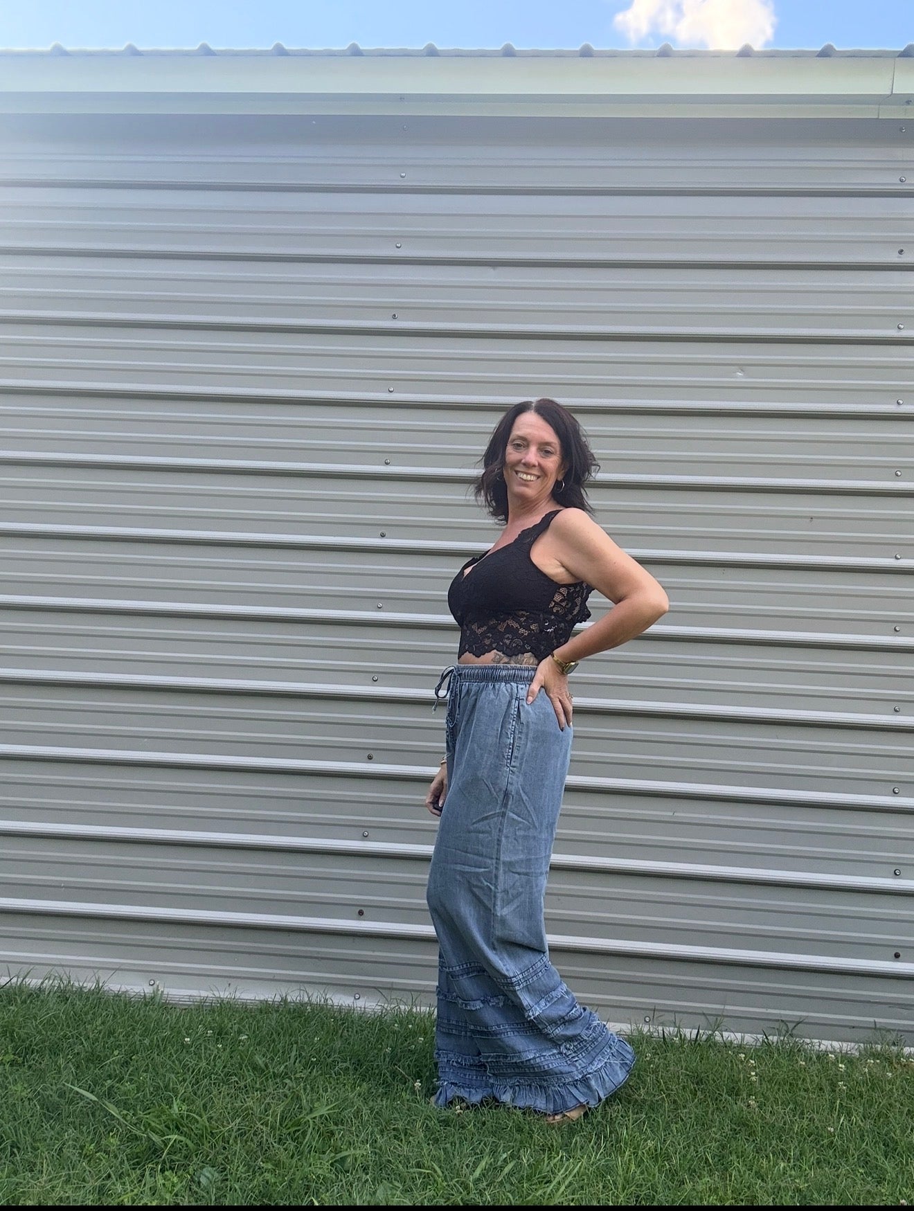 Boho Tiered Chambray Wide Leg Palazzo Pants-OLS-4890SW DENIM