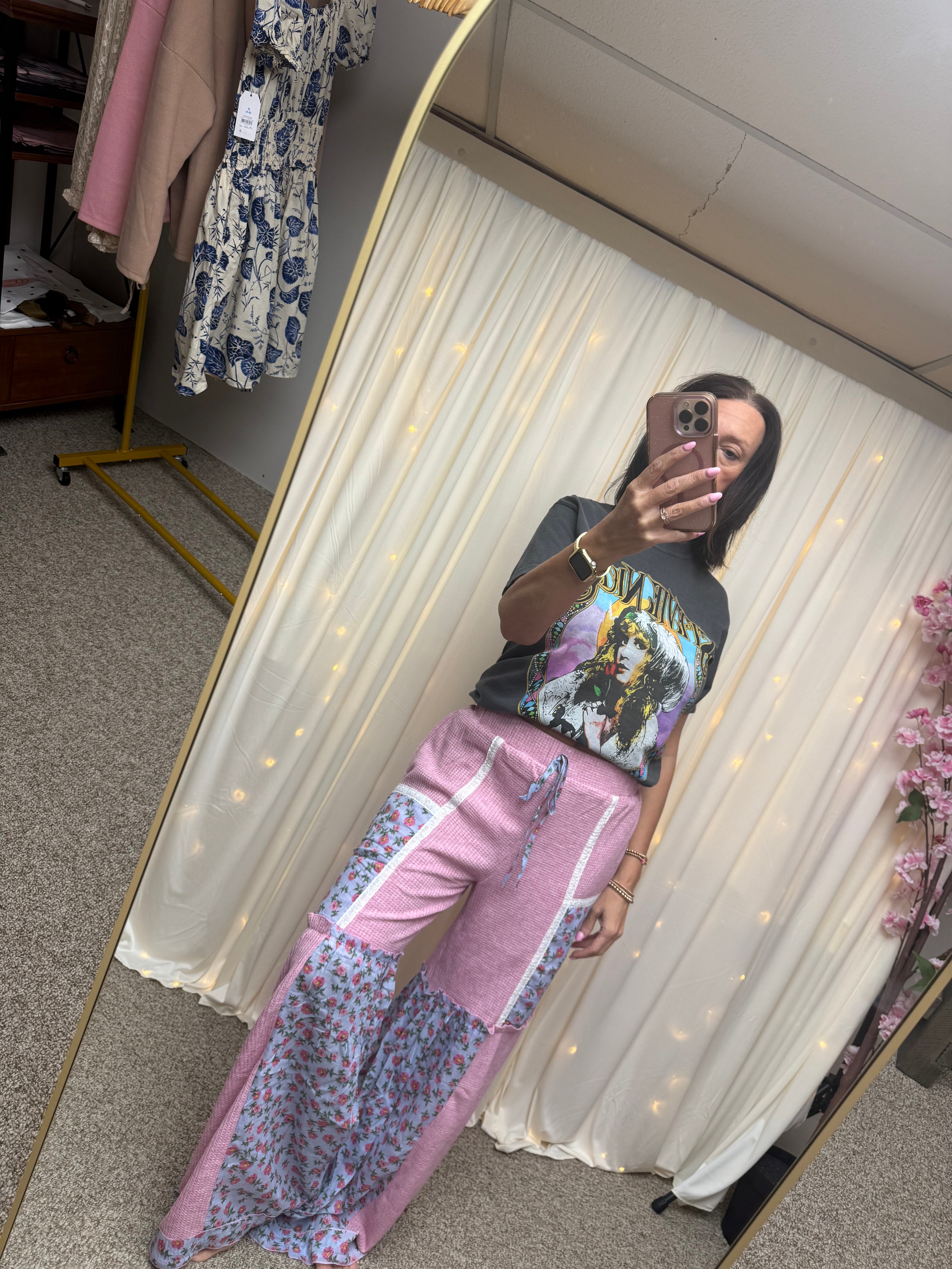 WAFFLE KNIT FLOWER PRINT LACE ELASTIC WAIST PANT