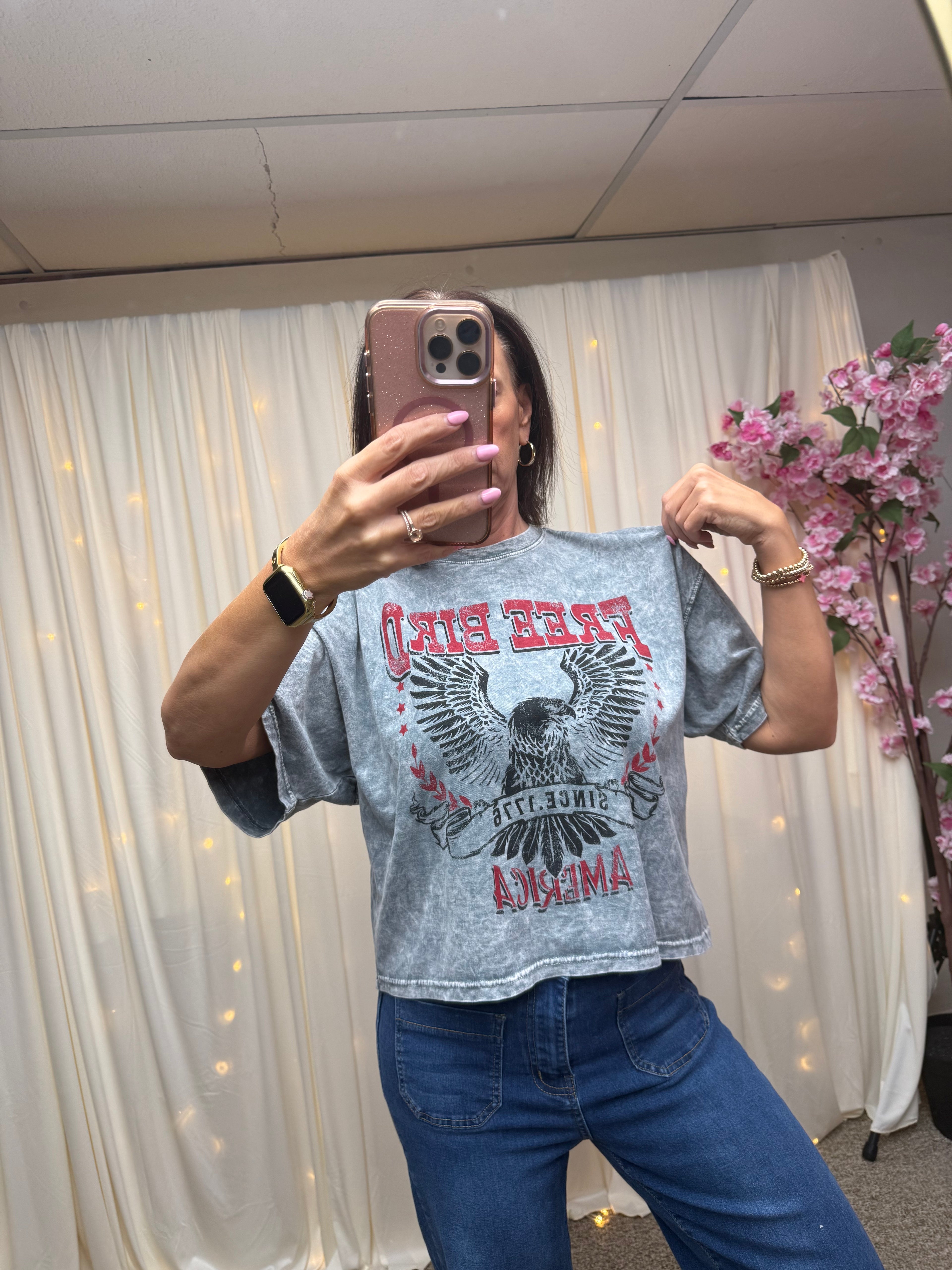 FREE BIRD MINERAL GRAPHIC LONG CROP TOP