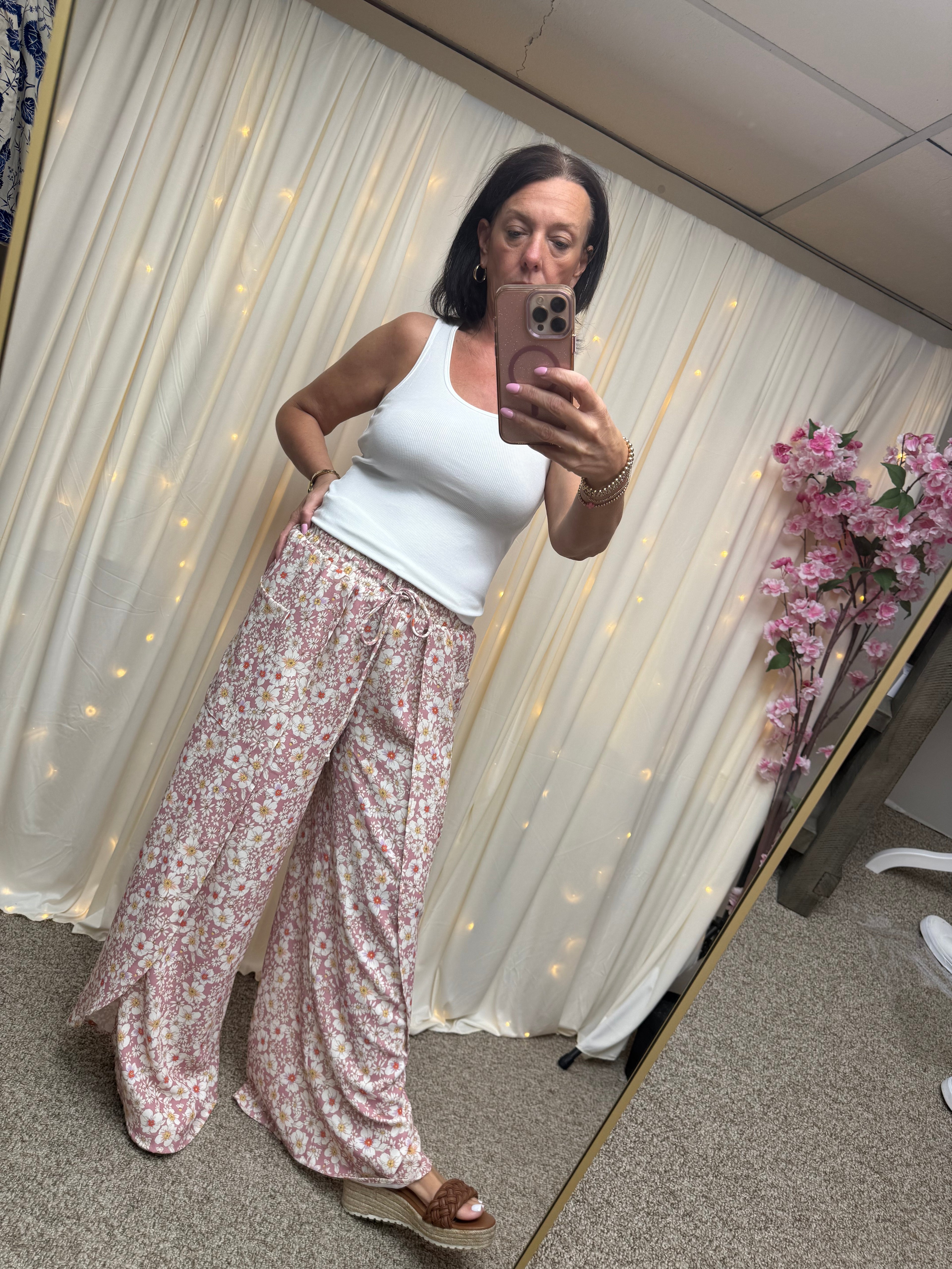 Stasia Printed Drawstring Tulip Pants - Rose