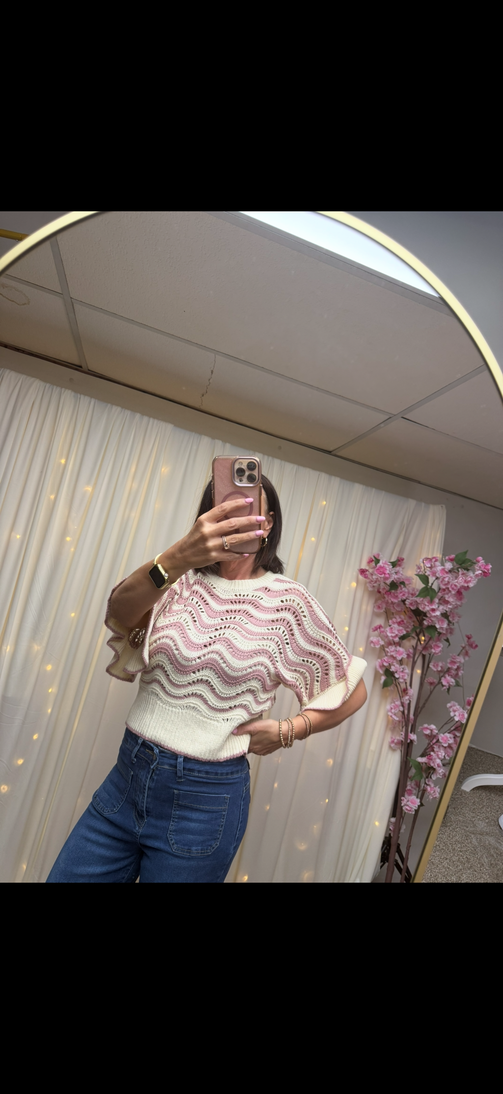 LAS Stripe Wavy Crochet Eyelet Ruffle Sweater (S-XL)