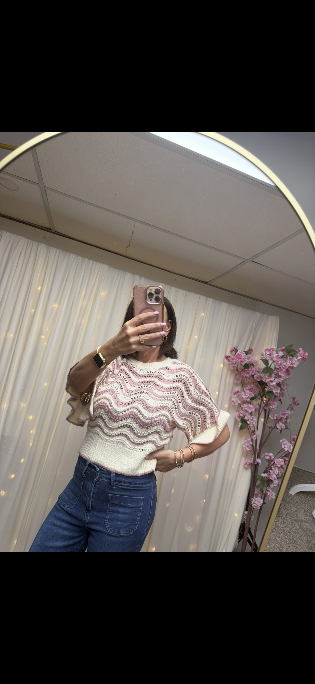 LAS Stripe Wavy Crochet Eyelet Ruffle Sweater (S-XL)