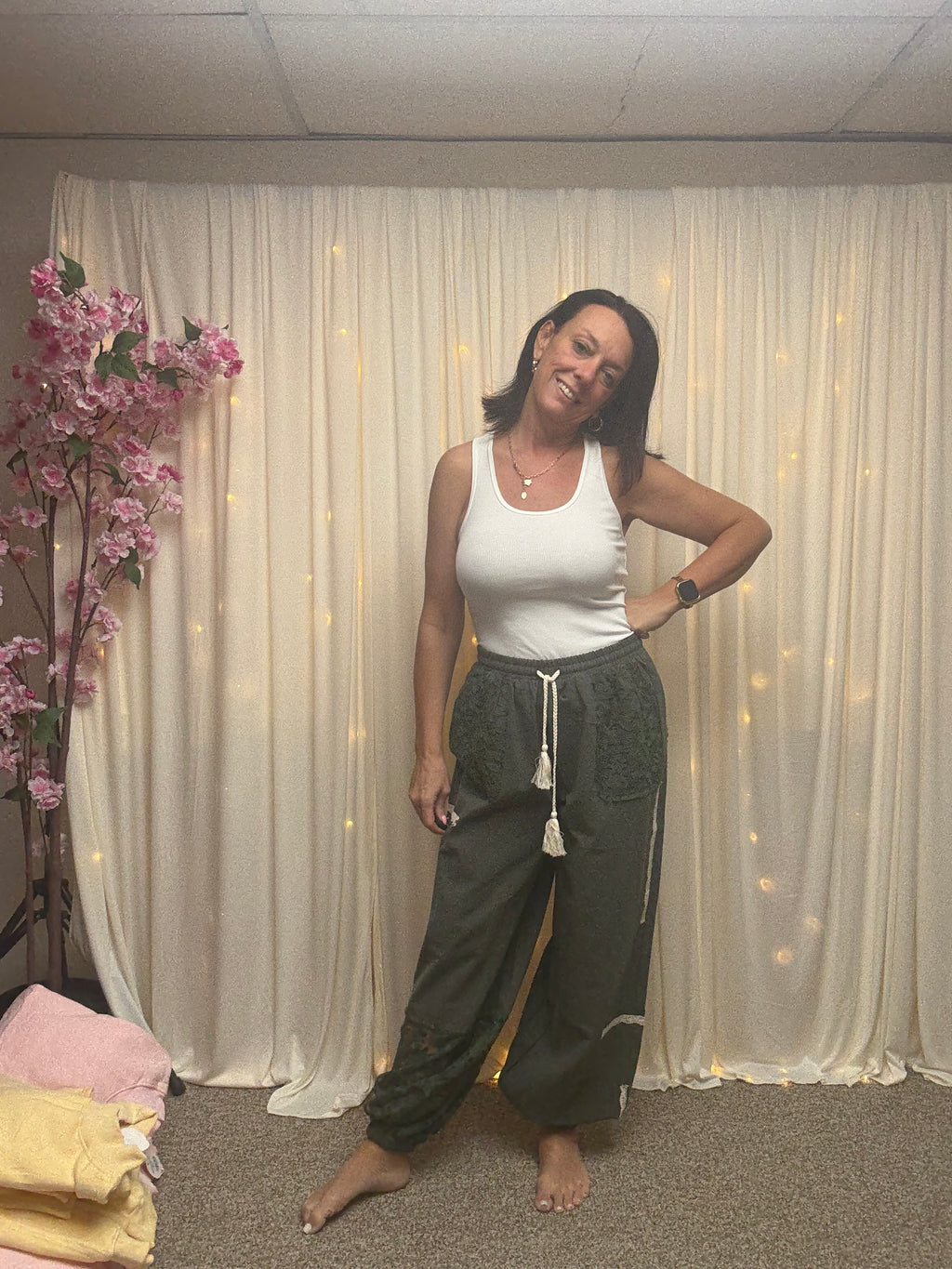 Lace Accents Patchwork Crochet Jogger Pants