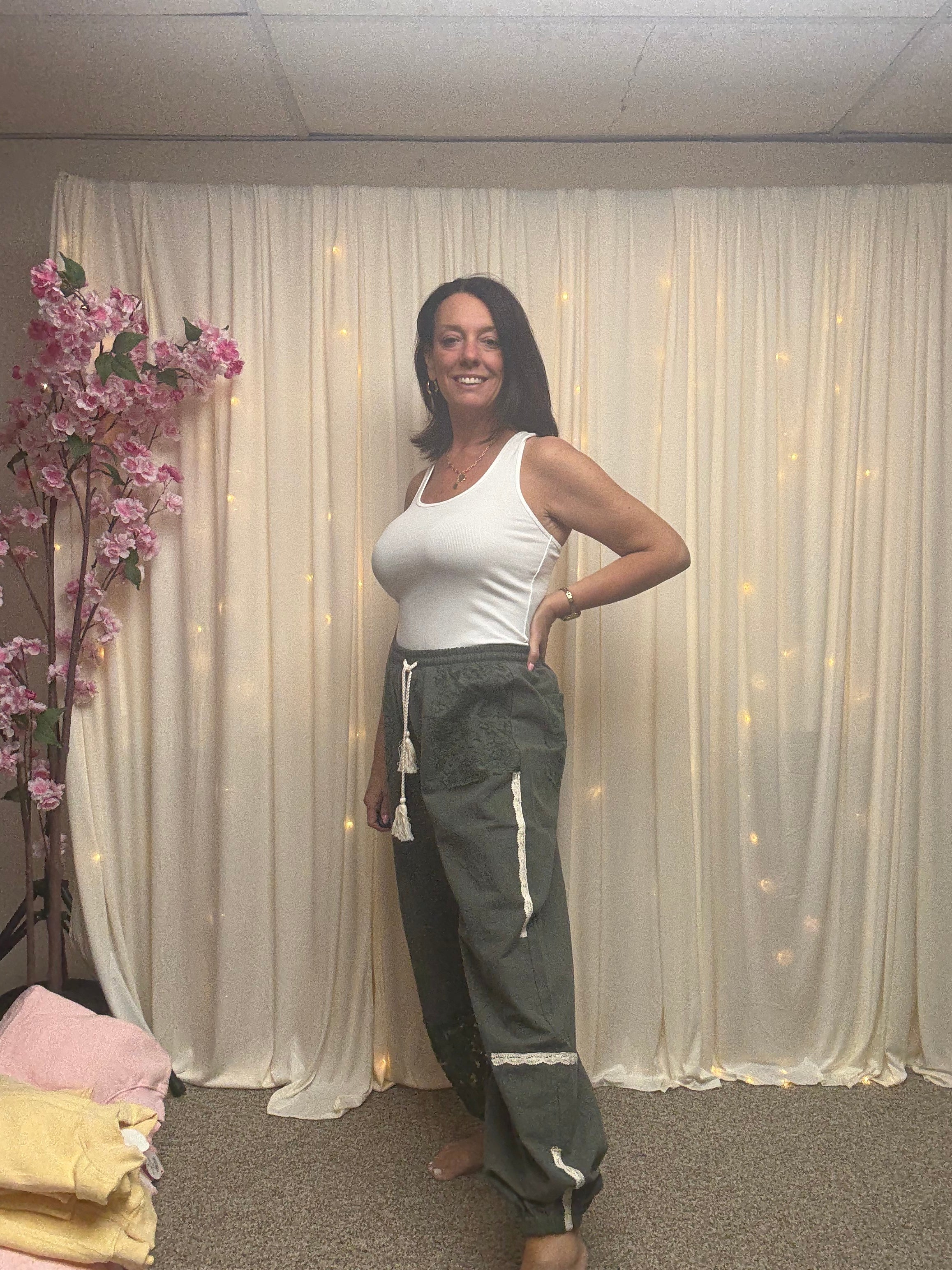 Lace Accents Patchwork Crochet Jogger Pants