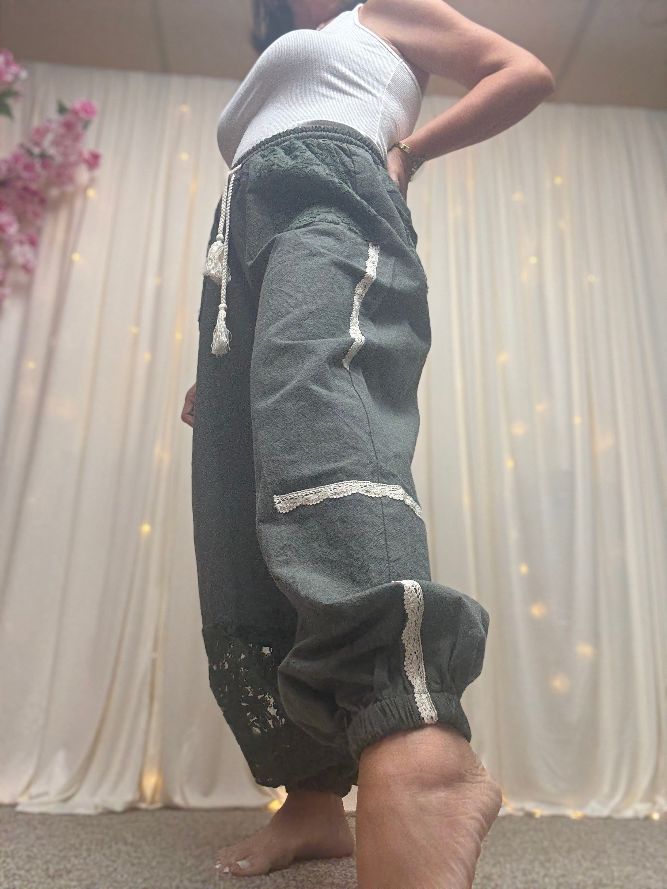 Lace Accents Patchwork Crochet Jogger Pants