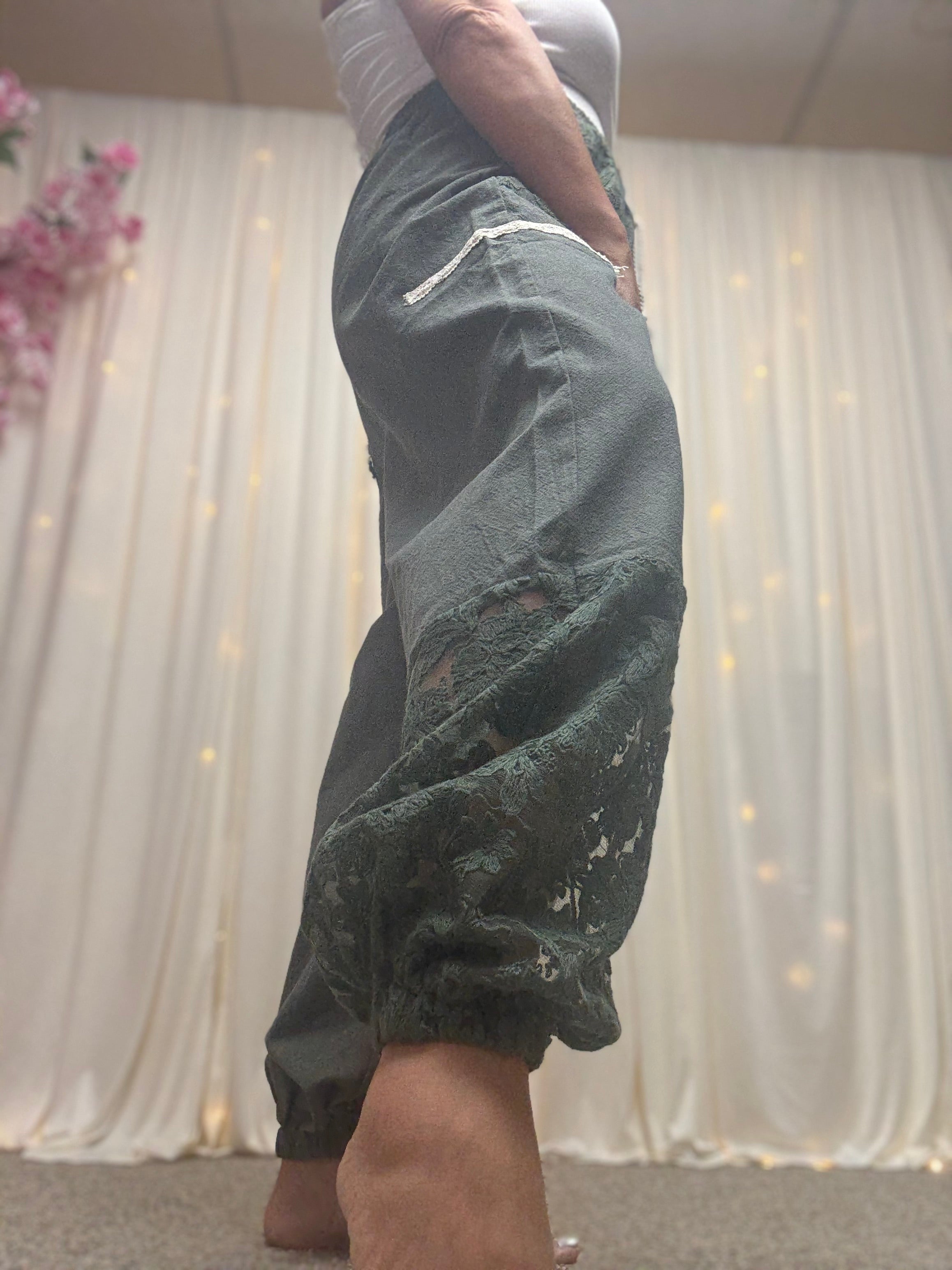 Lace Accents Patchwork Crochet Jogger Pants