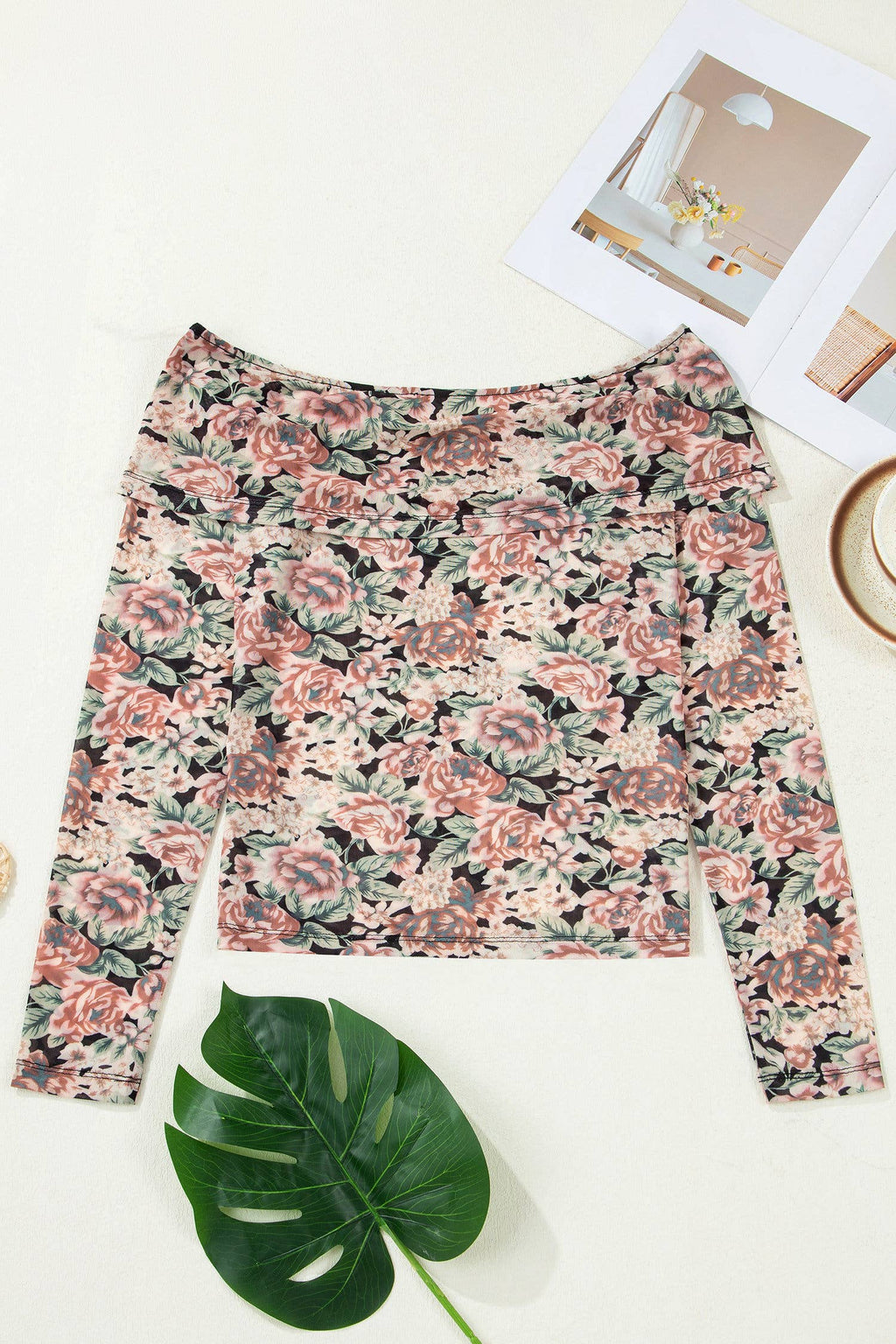 66Retro Floral Print Mesh Mock Neck Top