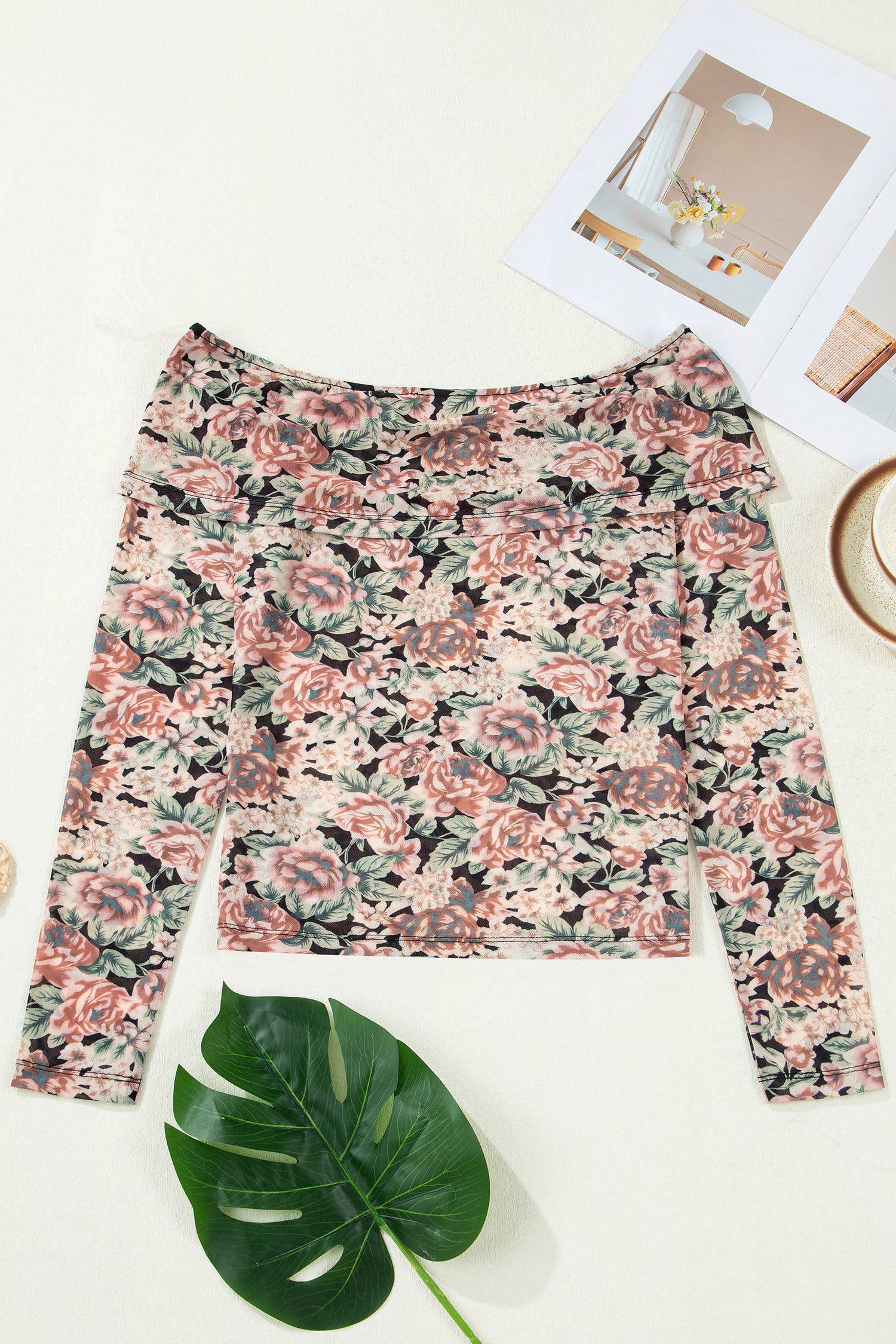 66Retro Floral Print Mesh Mock Neck Top