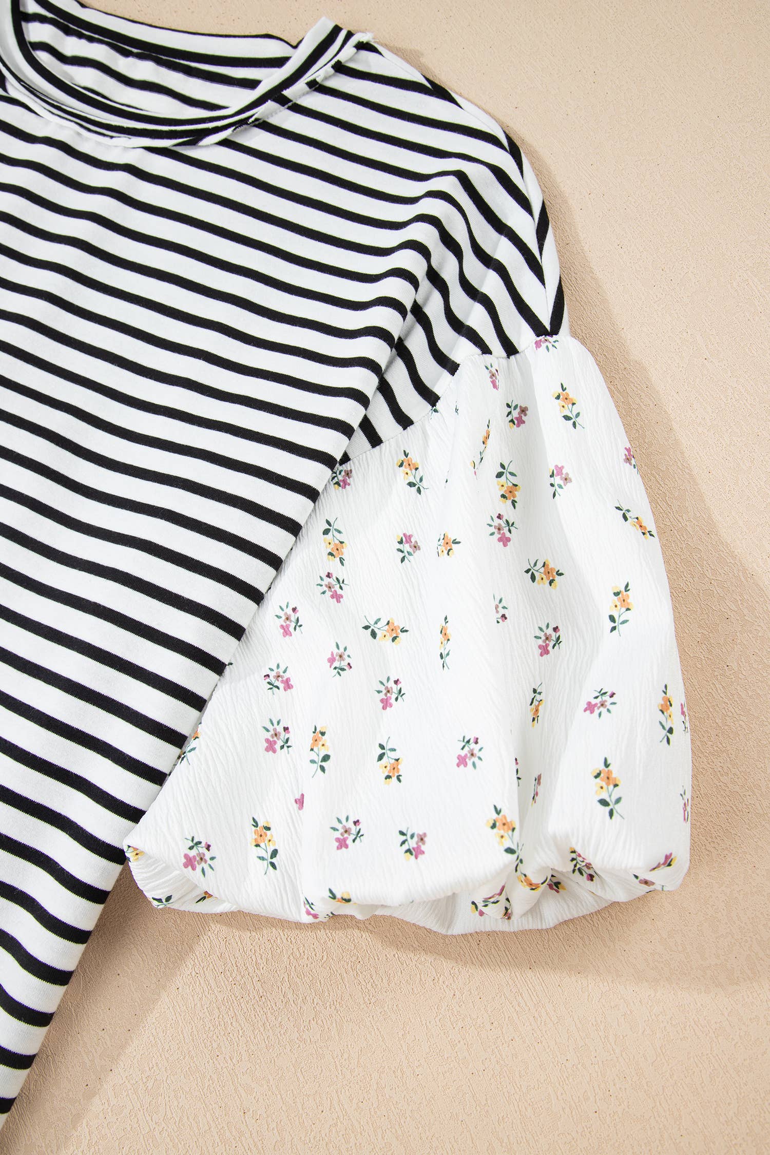 Stripe Floral Puff Sleeve Patchwork Round Neck Loose Top