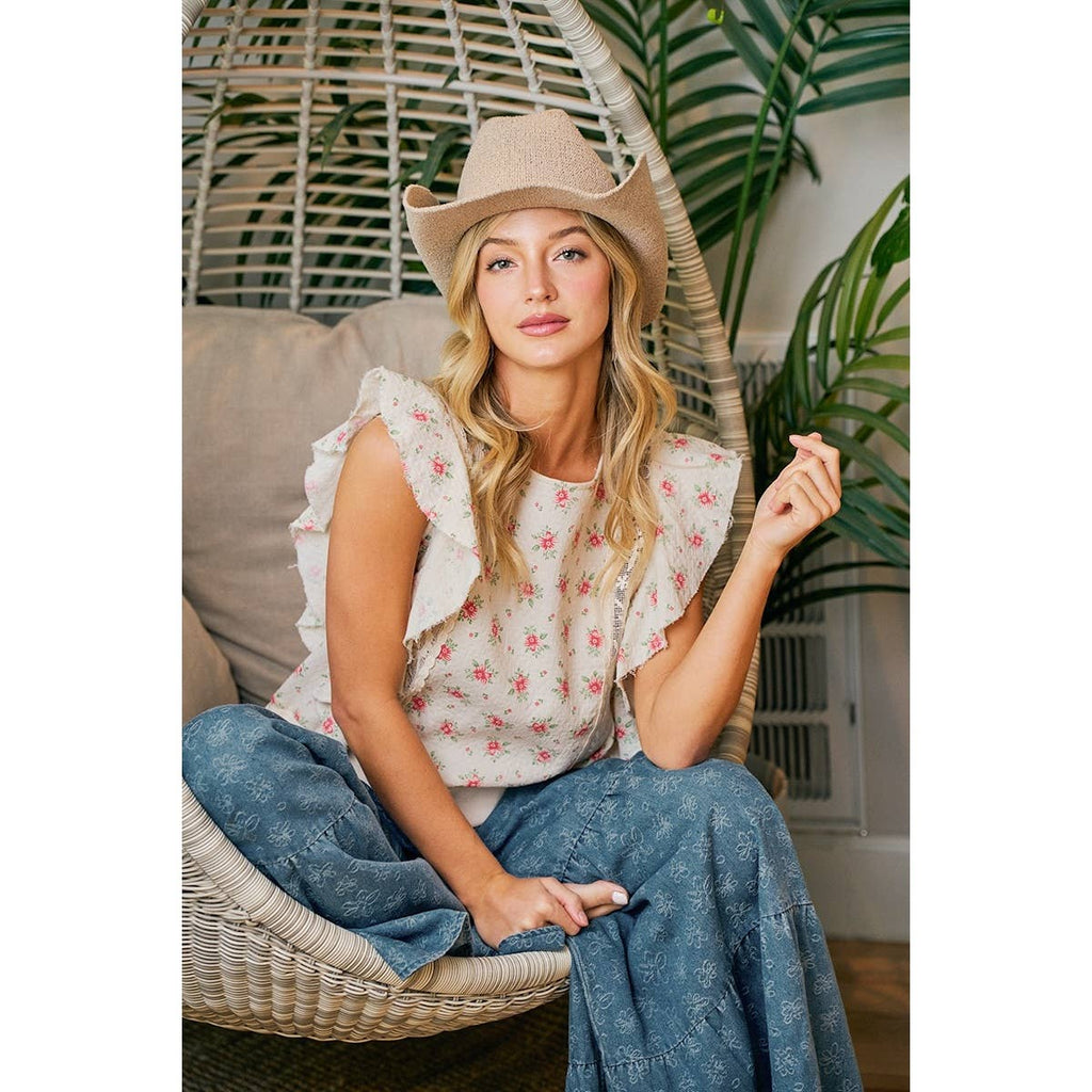 FLOWER PRINTED RUFFLE SLEEVE TRIM DETAIL TOP
