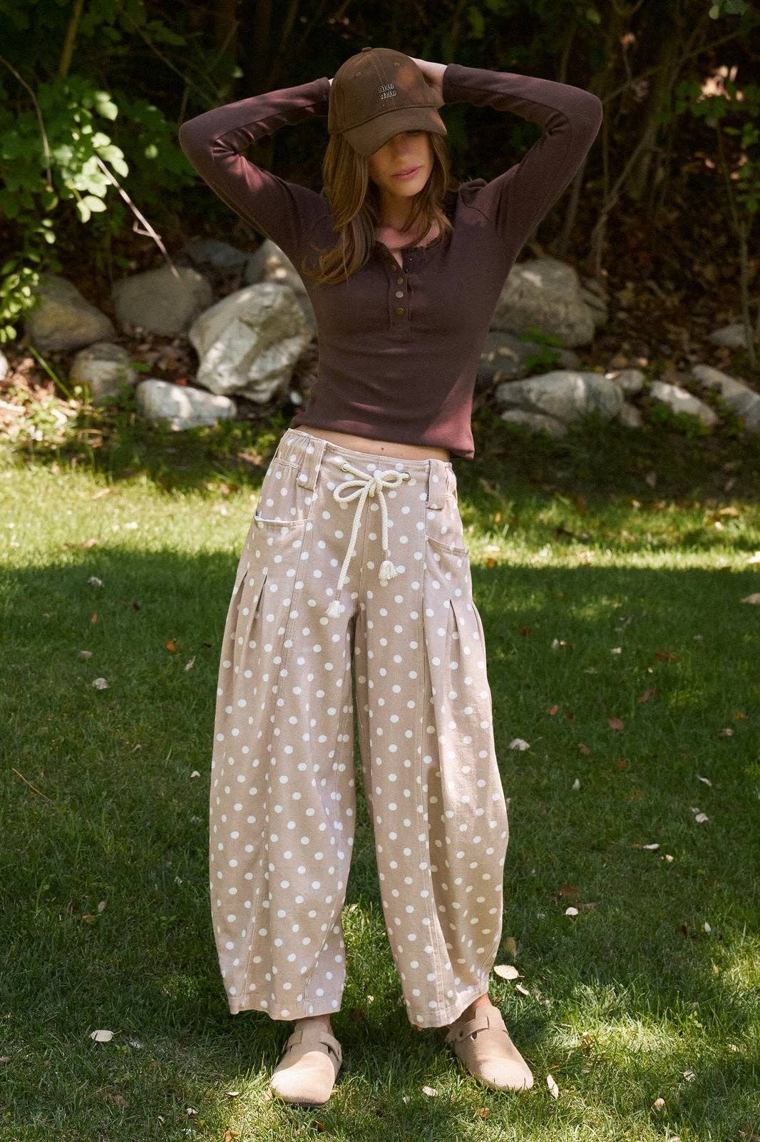Polka Dot Barrel Leg Pants in Cotton Twill