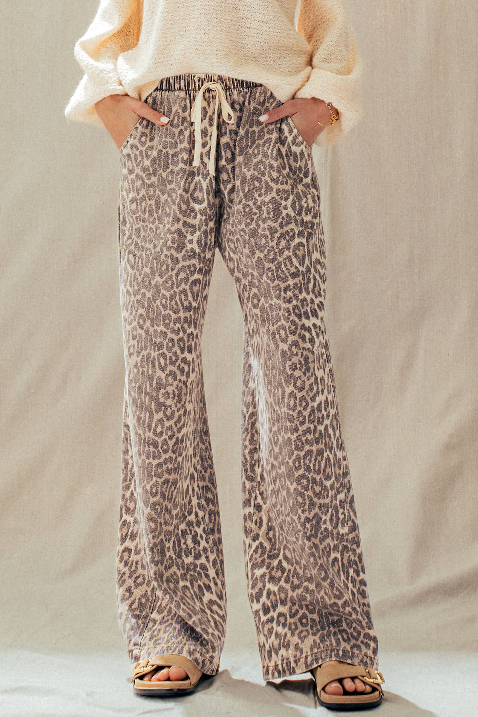Leopard Print Wide Leg Cotton Pants Drawstring