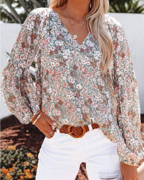 Floral Print V-Neck Balloon Sleeve Blouse Chiffon Top