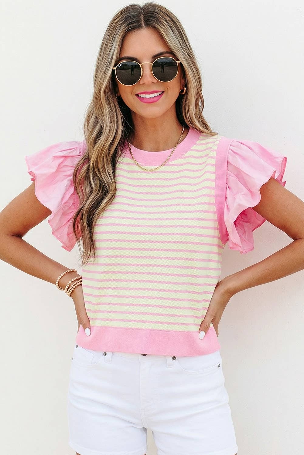 Stripe Ruffled Short Sleeve Patchwork Blouse | S-XL