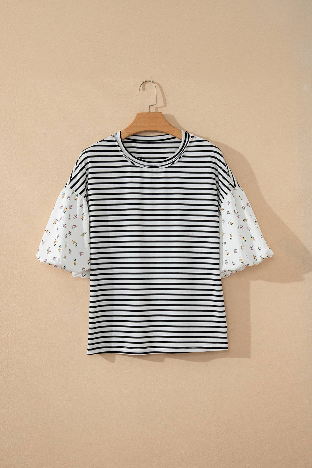 Stripe Floral Puff Sleeve Patchwork Round Neck Loose Top