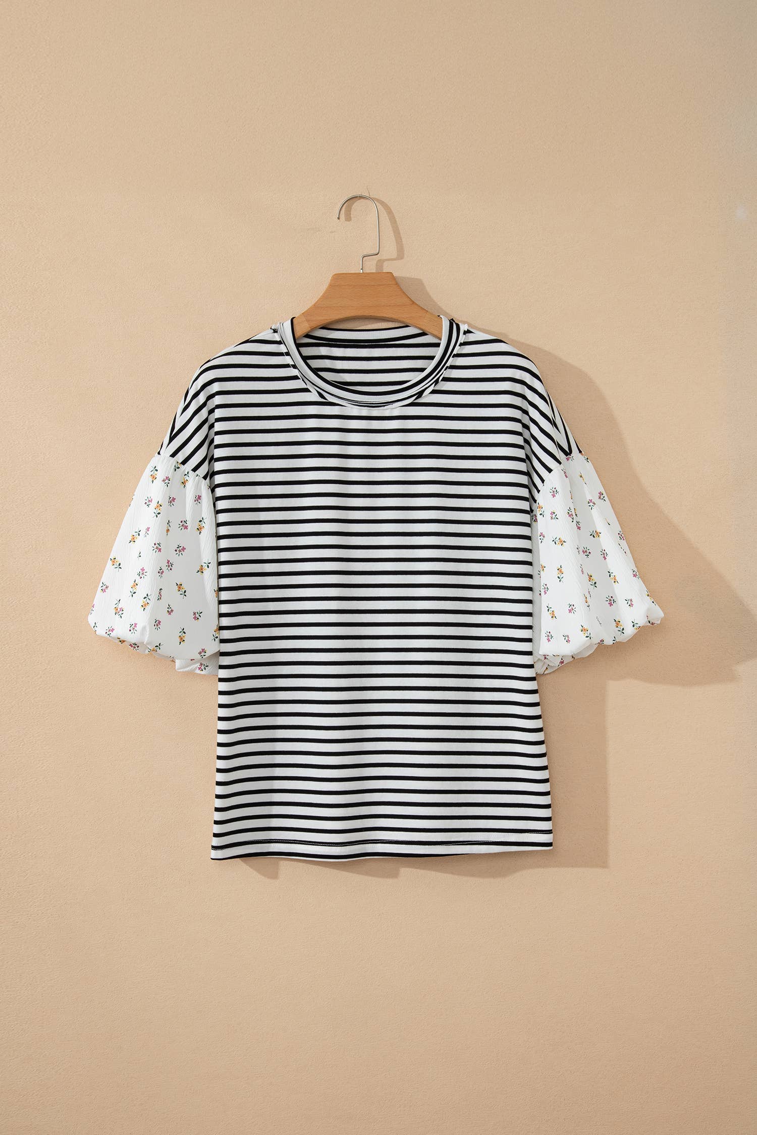 Stripe Floral Puff Sleeve Patchwork Round Neck Loose Top