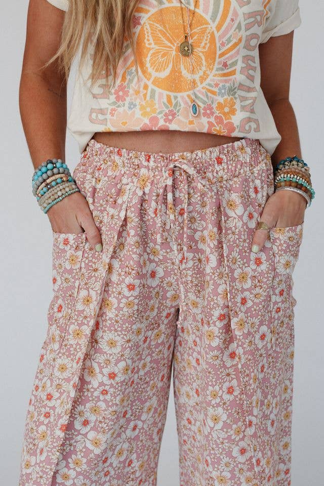 Stasia Printed Drawstring Tulip Pants - Rose