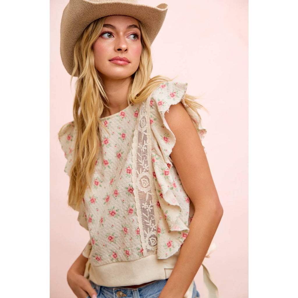 FLOWER PRINTED RUFFLE SLEEVE TRIM DETAIL TOP