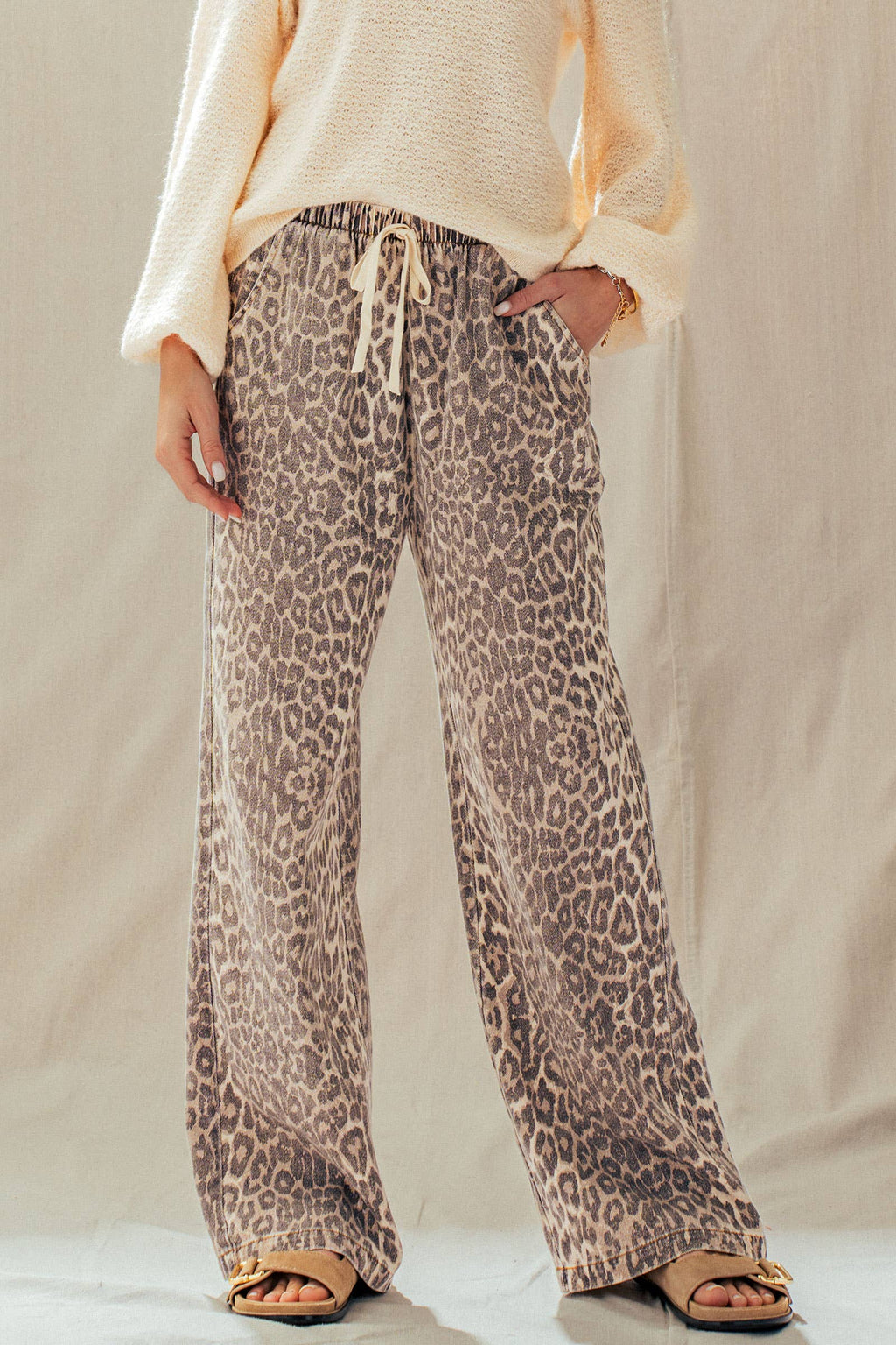 Leopard Print Wide Leg Cotton Pants Drawstring