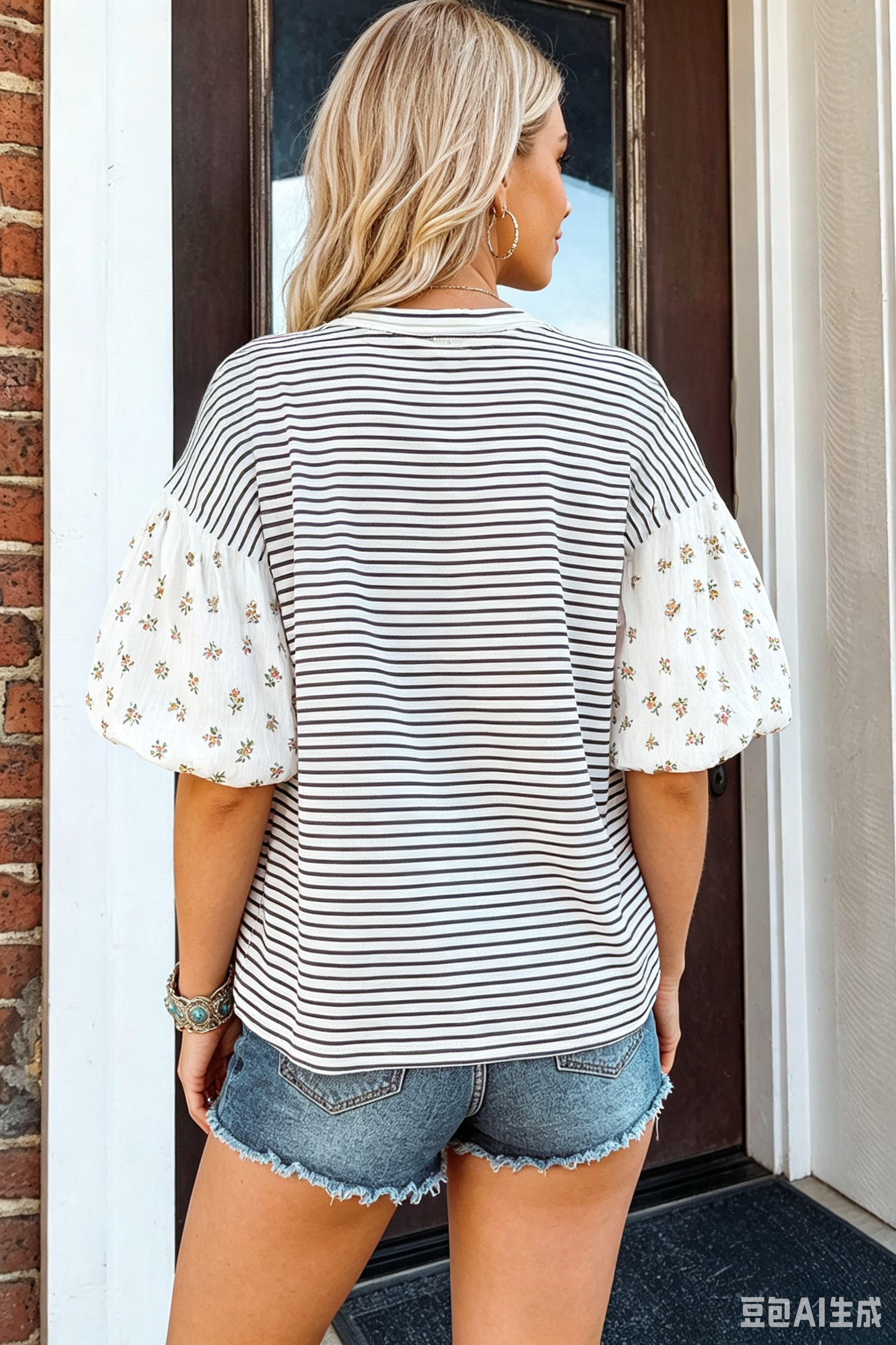 Stripe Floral Puff Sleeve Patchwork Round Neck Loose Top
