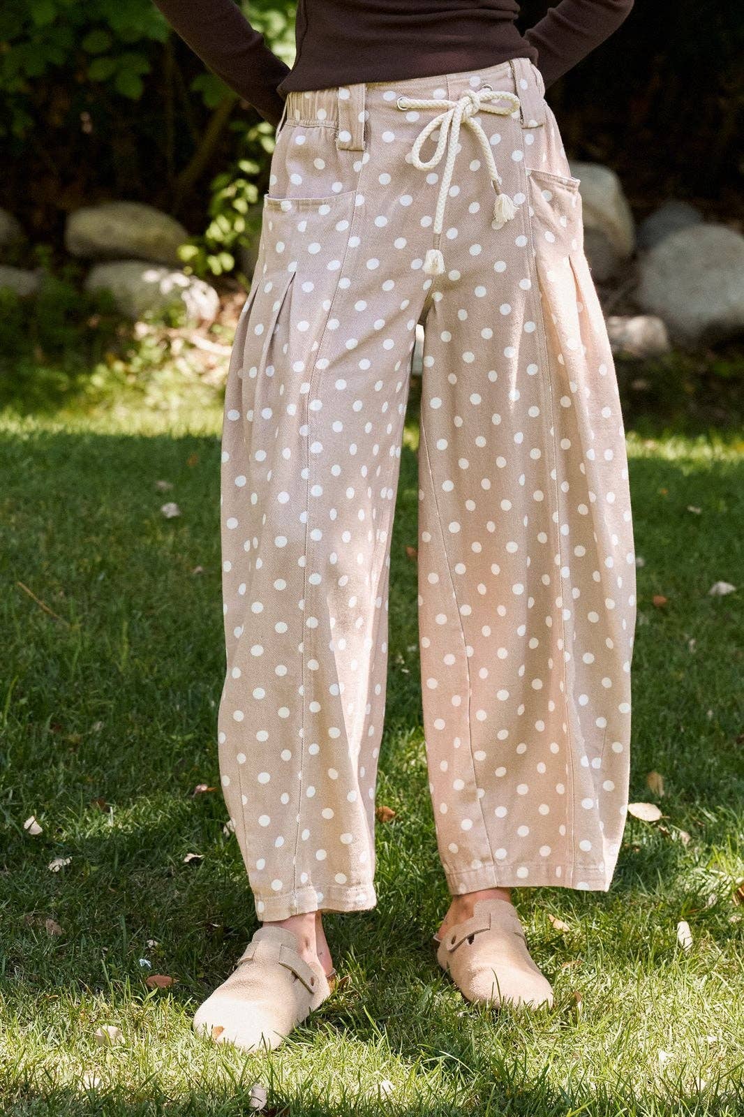 Polka Dot Barrel Leg Pants in Cotton Twill