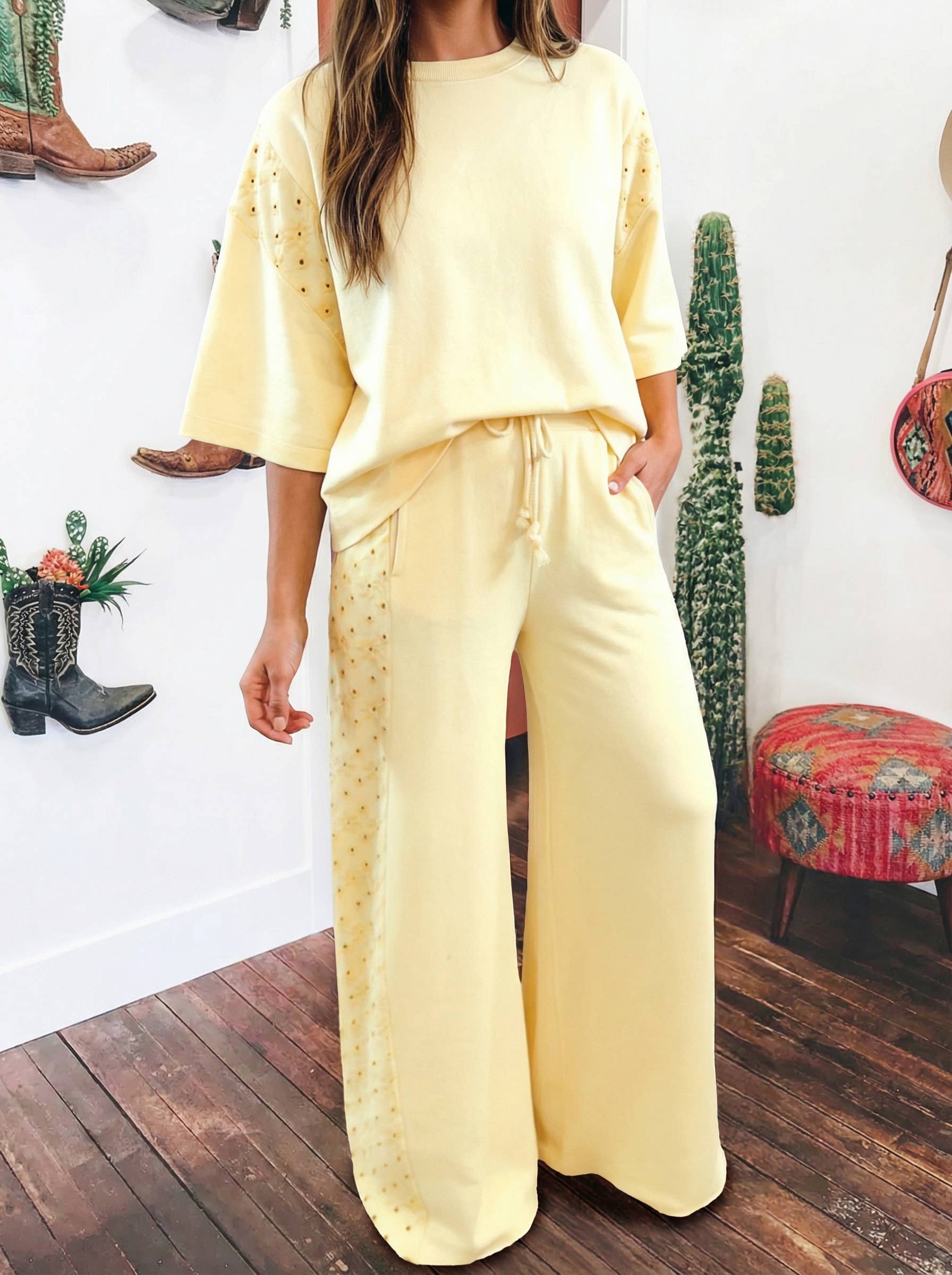 Eyelet Lace Patched Oversize Tee Drawstring Pants 2pcs Set