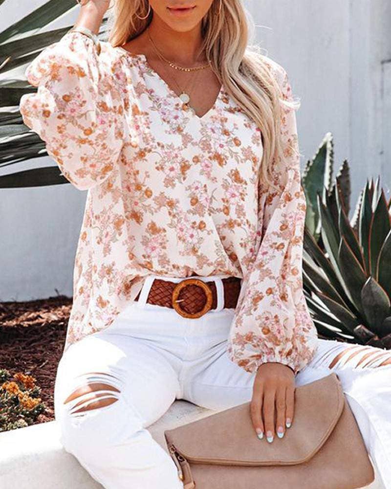 Floral Print V-Neck Balloon Sleeve Blouse Chiffon Top
