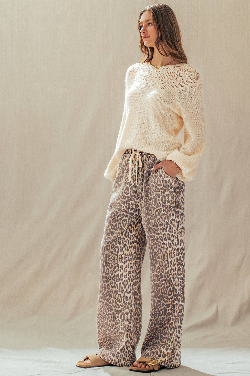 Leopard Print Wide Leg Cotton Pants Drawstring
