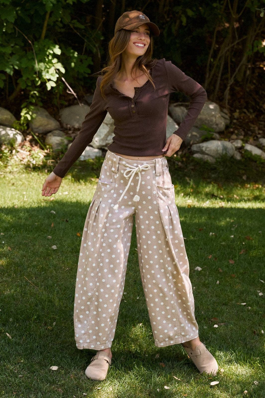 Polka Dot Barrel Leg Pants in Cotton Twill