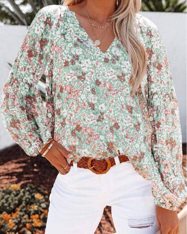 Floral Print V-Neck Balloon Sleeve Blouse Chiffon Top