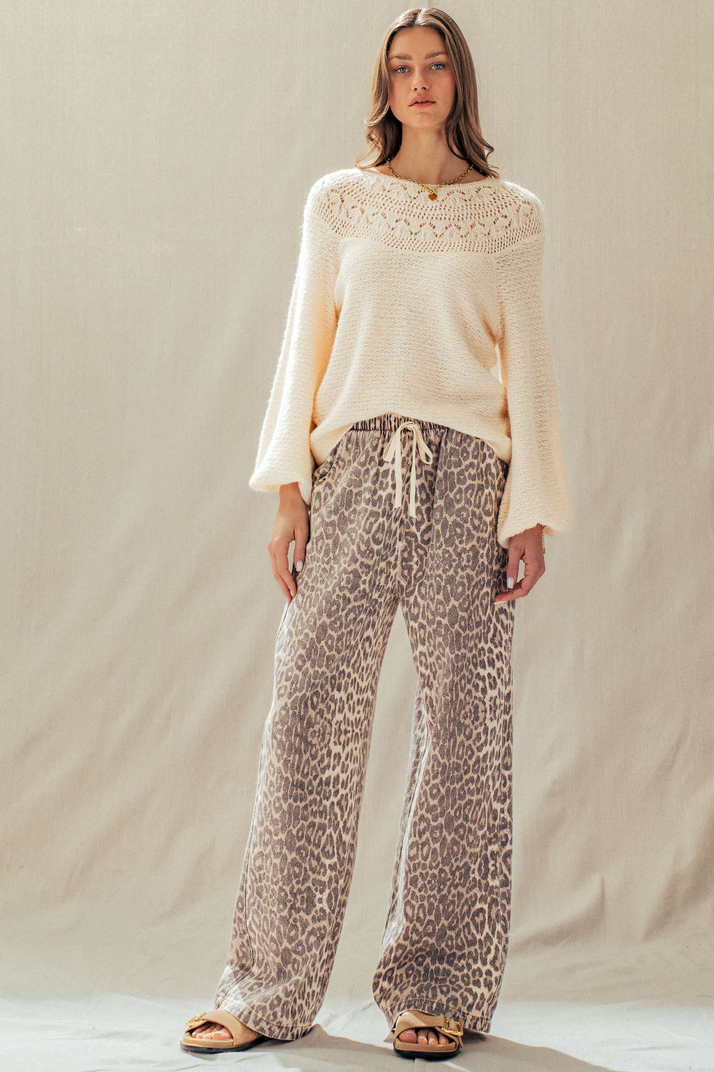 Leopard Print Wide Leg Cotton Pants Drawstring
