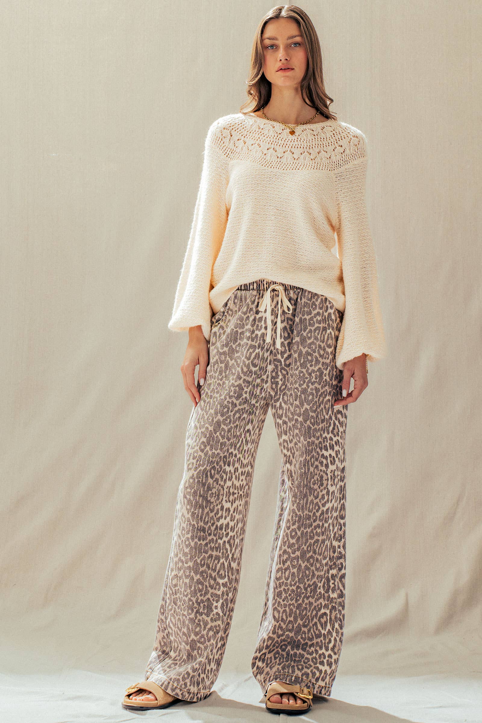 Leopard Print Wide Leg Cotton Pants Drawstring