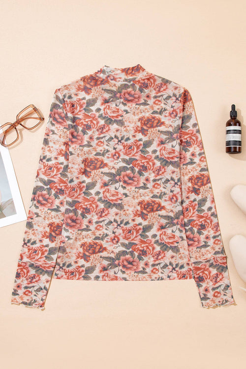 66Retro Floral Print Mesh Mock Neck Top