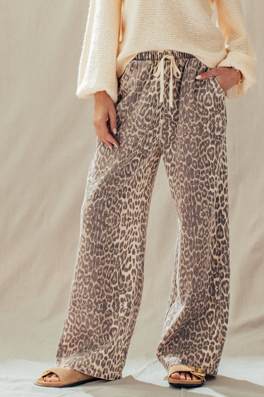 Leopard Print Wide Leg Cotton Pants Drawstring