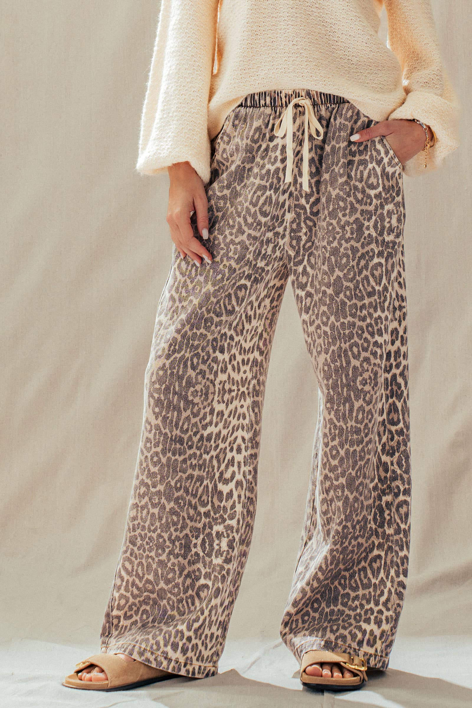 Leopard Print Wide Leg Cotton Pants Drawstring