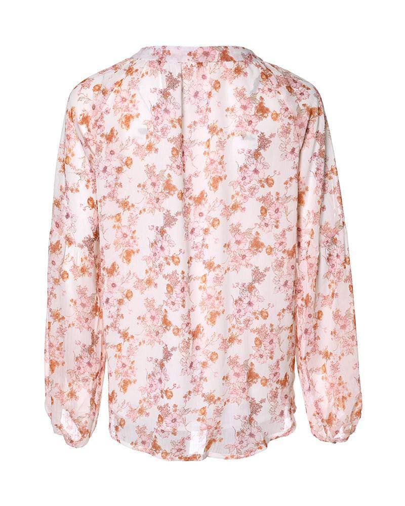 Floral Print V-Neck Balloon Sleeve Blouse Chiffon Top
