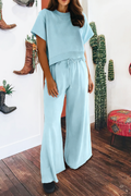Blue two piece set with slightly cropped top