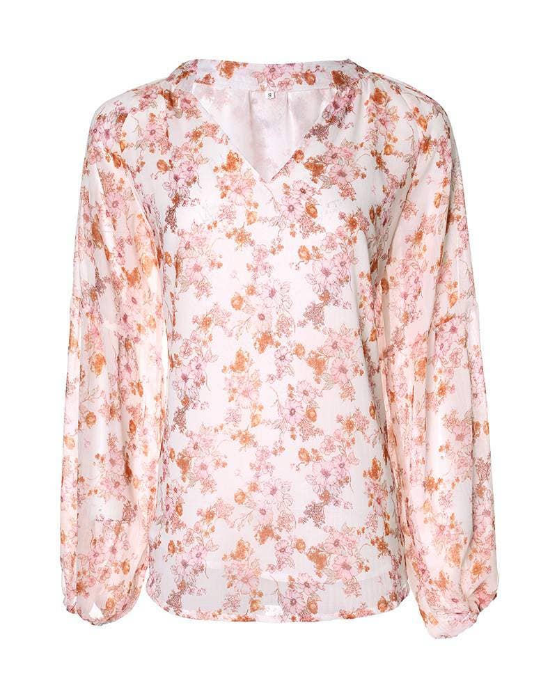 Floral Print V-Neck Balloon Sleeve Blouse Chiffon Top