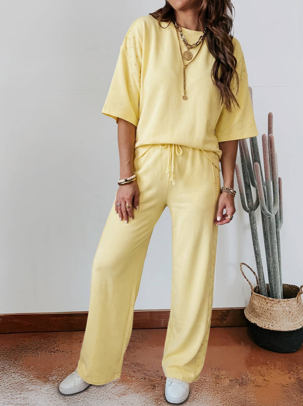 Eyelet Lace Patched Oversize Tee Drawstring Pants 2pcs Set