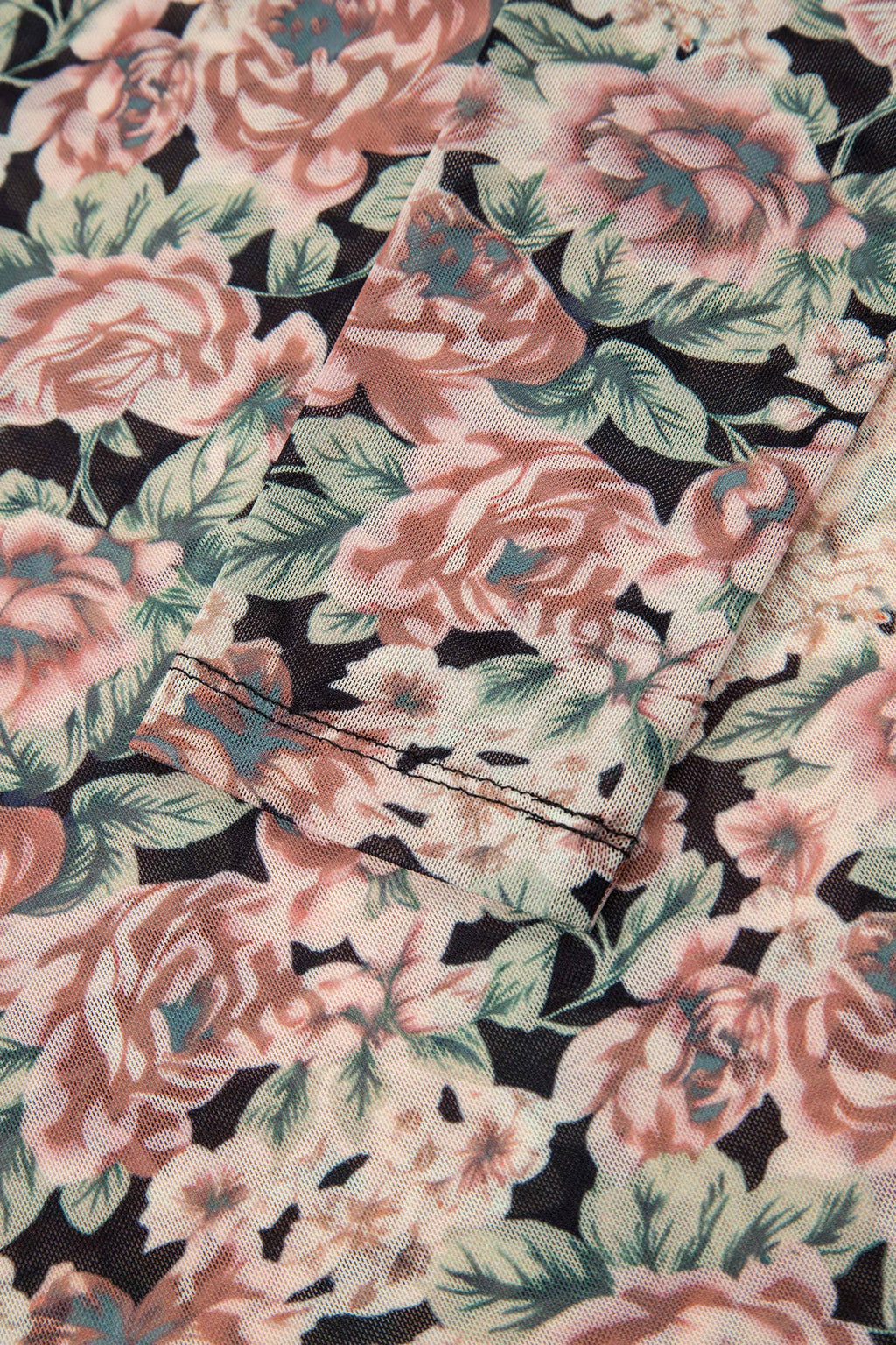 66Retro Floral Print Mesh Mock Neck Top