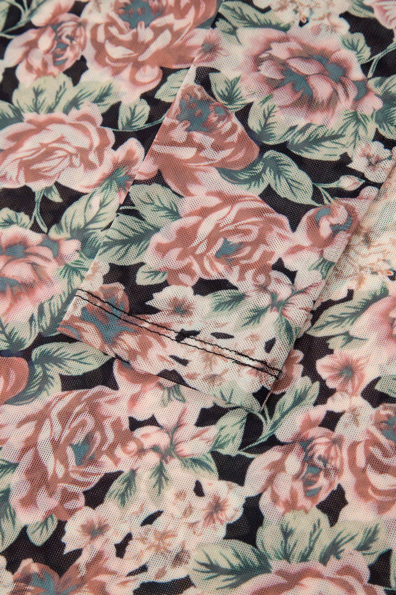66Retro Floral Print Mesh Mock Neck Top