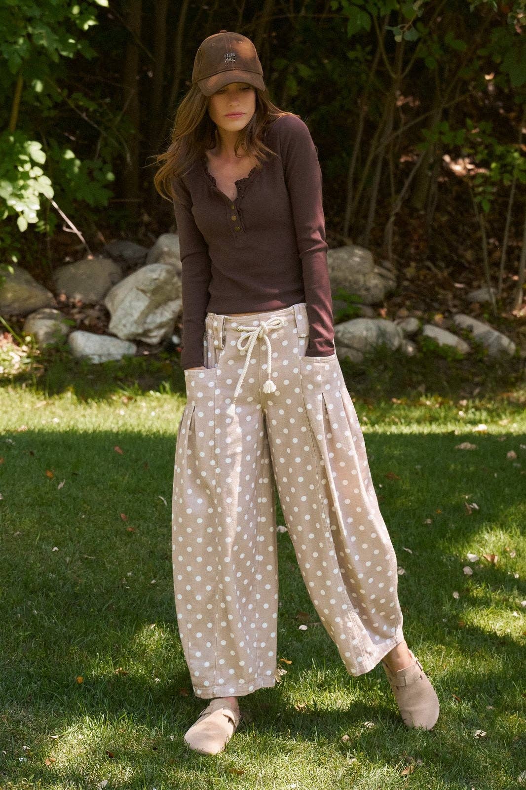 Polka Dot Barrel Leg Pants in Cotton Twill