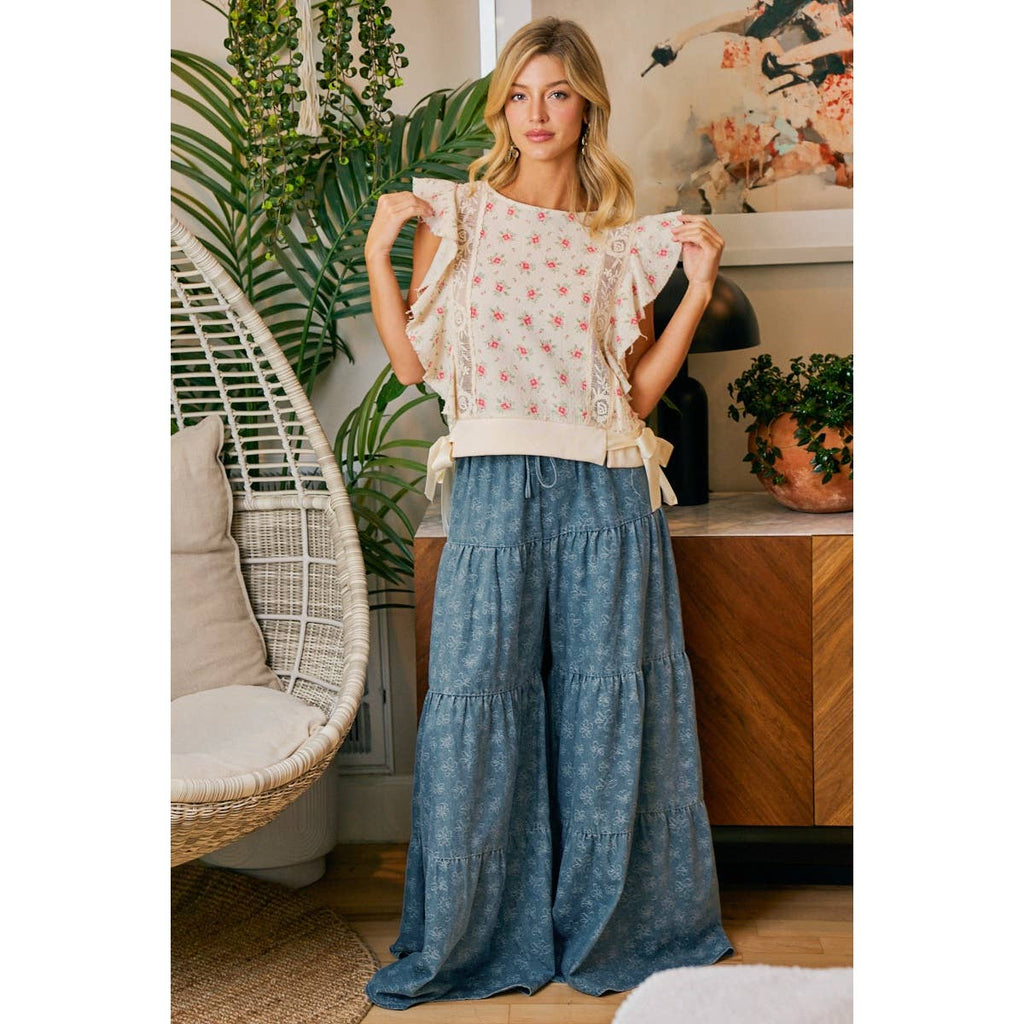 FLOWER PRINTED RUFFLE SLEEVE TRIM DETAIL TOP