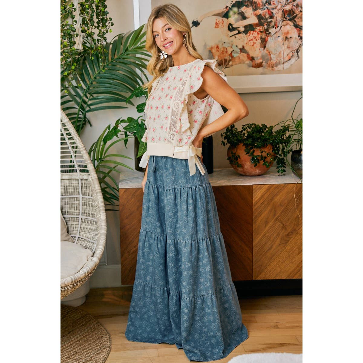 FLOWER PRINTED RUFFLE SLEEVE TRIM DETAIL TOP